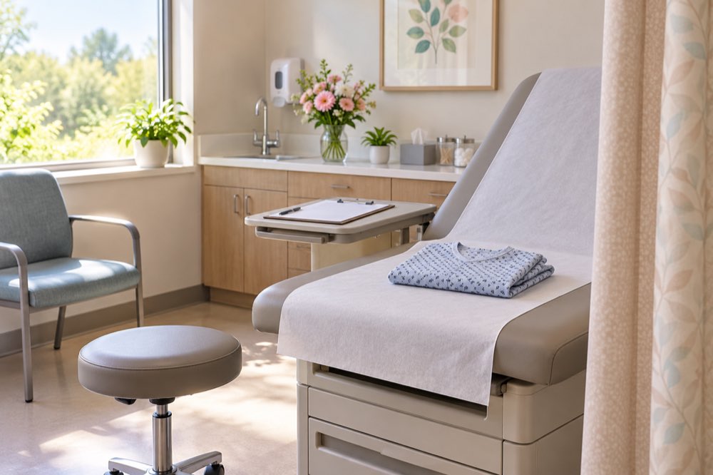 Welcoming examination room prepared for cervical screening