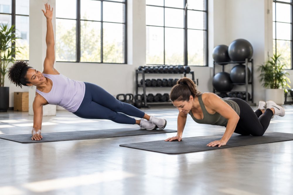 Women performing a side plank and modified pushup