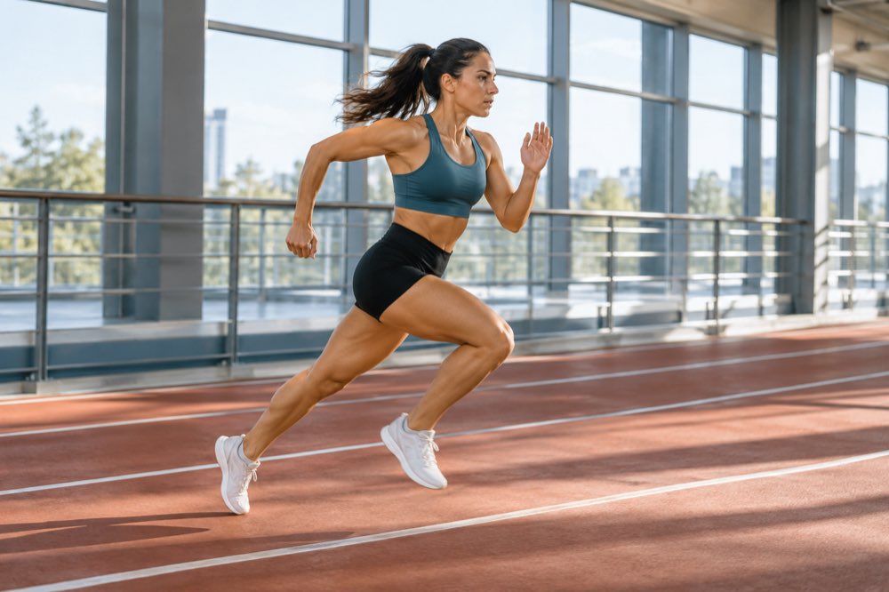 Woman completing sprint intervals on an indoor track