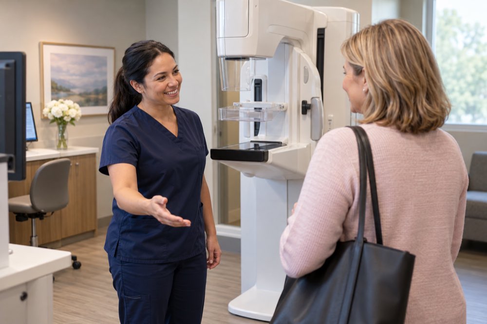 Woman welcomed by a technologist for a mammogram appointment