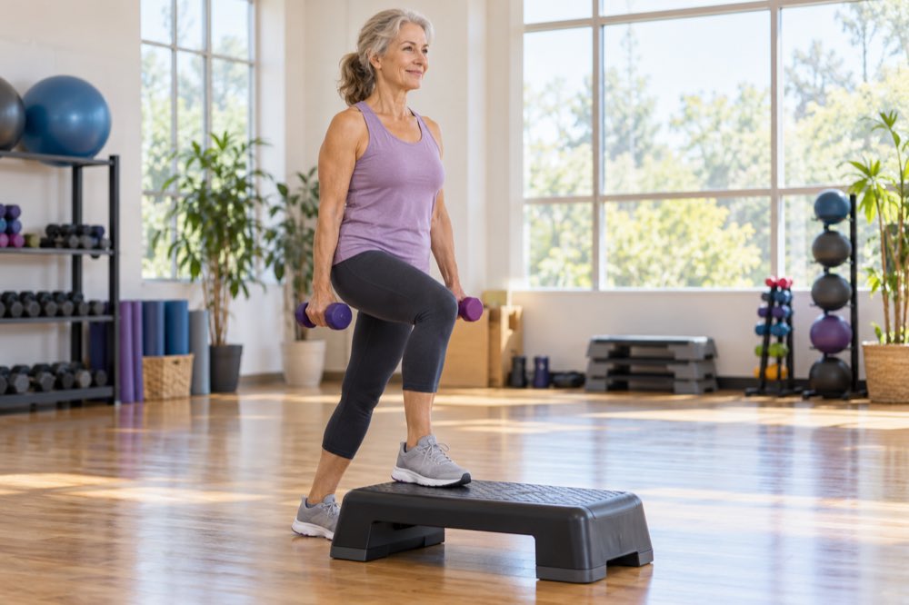 Mature woman doing a weight-bearing step exercise