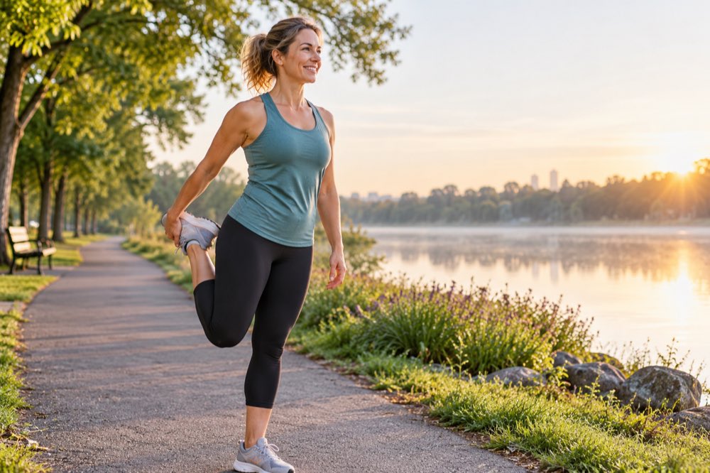 Active woman stretching outdoors after rehabilitation
