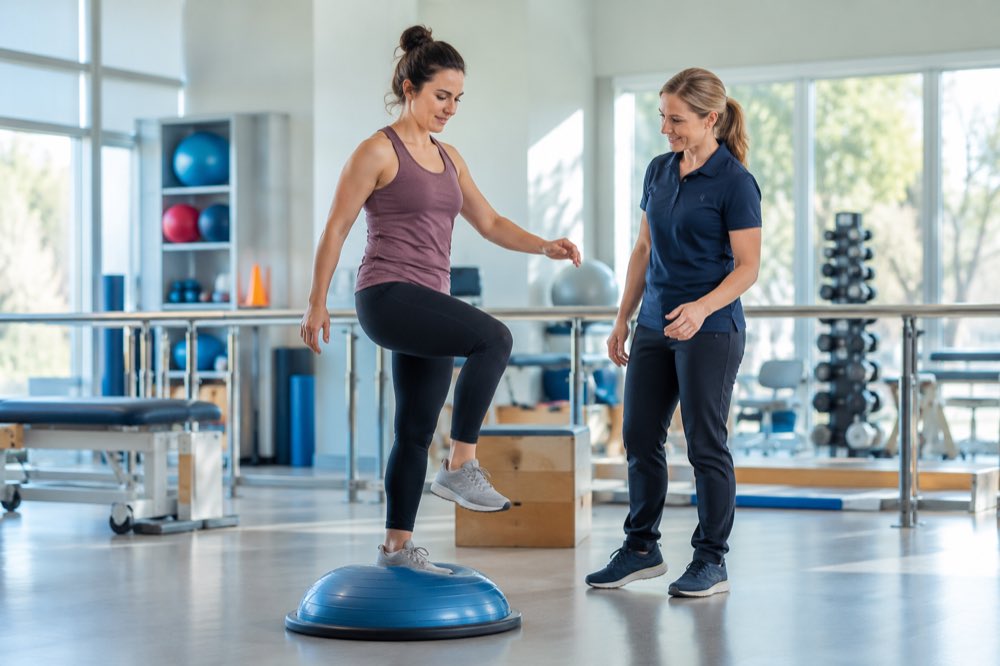 Woman practicing balance during a physiotherapy session