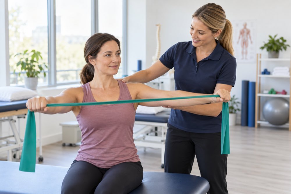 Woman completing a resistance-band exercise with a physiotherapist