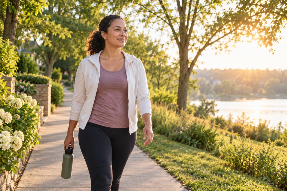 Woman taking a morning walk in natural light