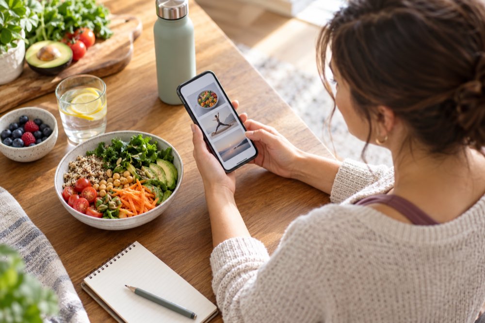 Woman using a wellness app beside a nutritious meal