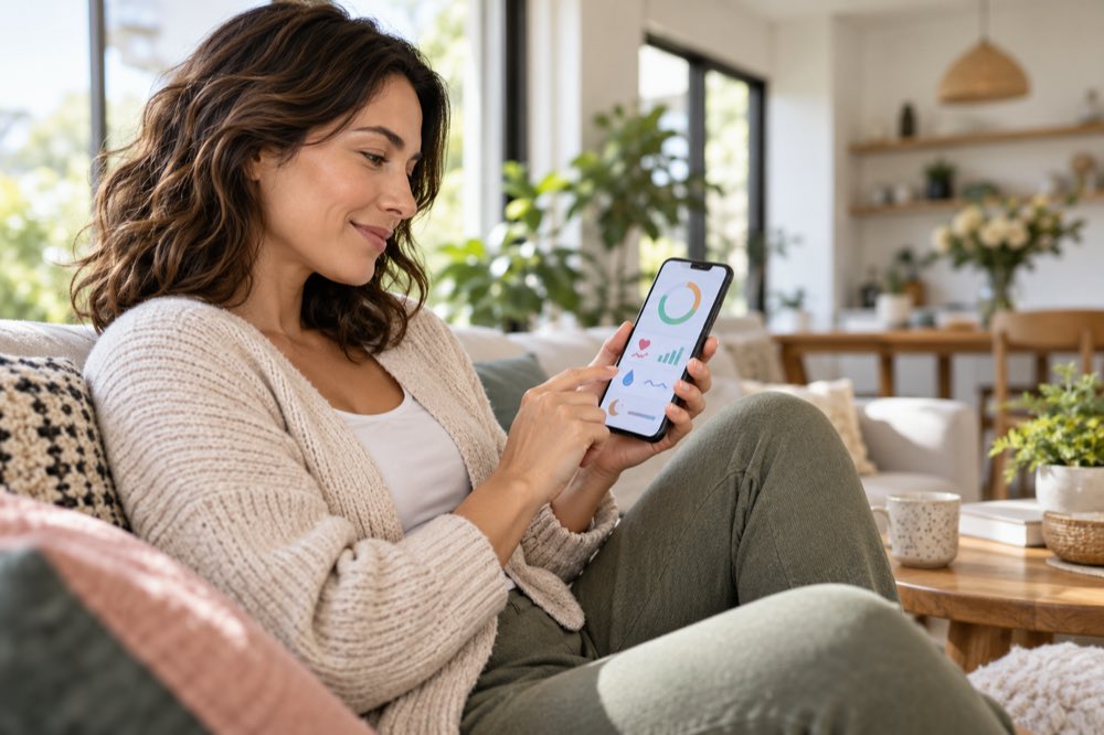 Woman using a smartphone to manage her health and wellness